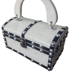 Vintage Enid Collins Style Wooden Mini Trunk Handbag – White & Black Studded